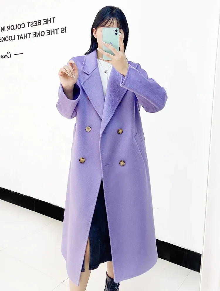 New Women High-end Double-sided Cashmere Coat Long Water Ripple Coats Double-sided Woolen Jacket Loose Tie Female Autumn Winter