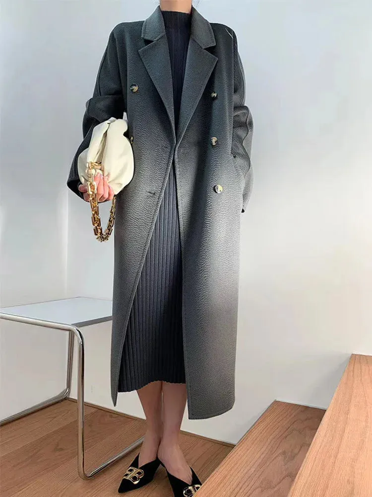 New Women High-end Double-sided Cashmere Coat Long Water Ripple Coats Double-sided Woolen Jacket Loose Tie Female Autumn Winter