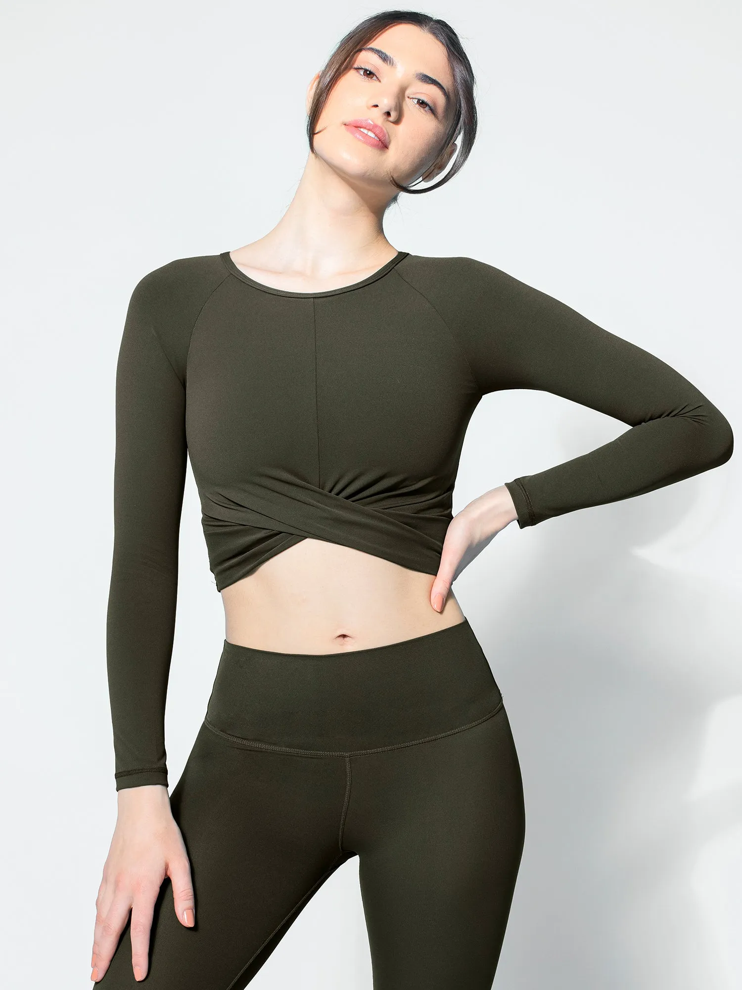 NUDE FRONT WRAP LONG SLEEVE TEE, DARK GREEN