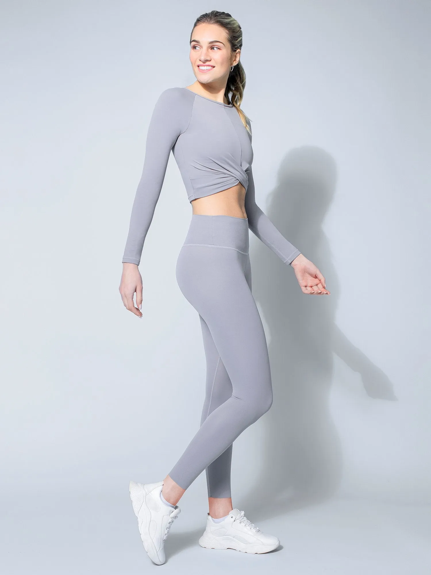 NUDE FRONT WRAP LONG SLEEVE TEE, LUNAR GREY
