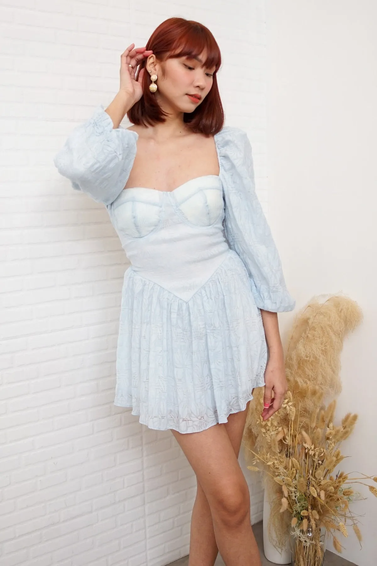NYLA Puff-Sleeve Open-Back Bustier Mini Dress (Powder Blue)