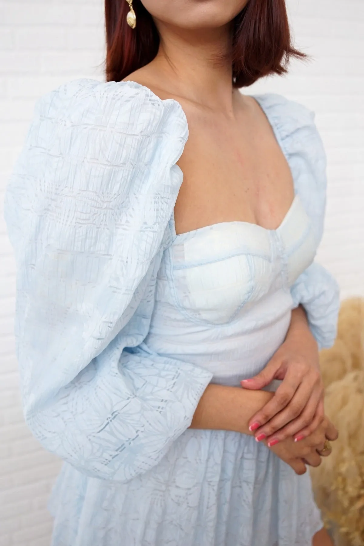 NYLA Puff-Sleeve Open-Back Bustier Mini Dress (Powder Blue)