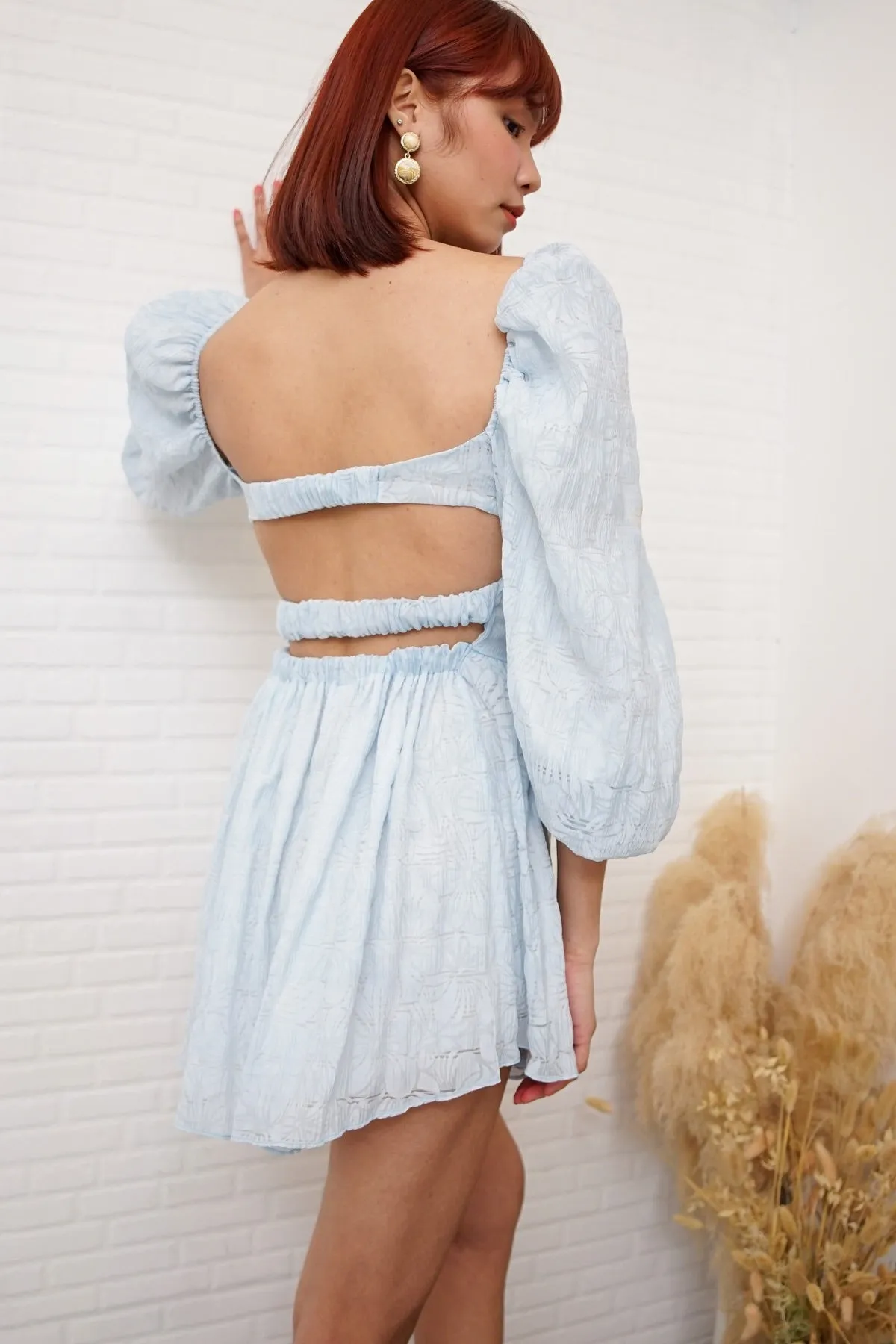 NYLA Puff-Sleeve Open-Back Bustier Mini Dress (Powder Blue)
