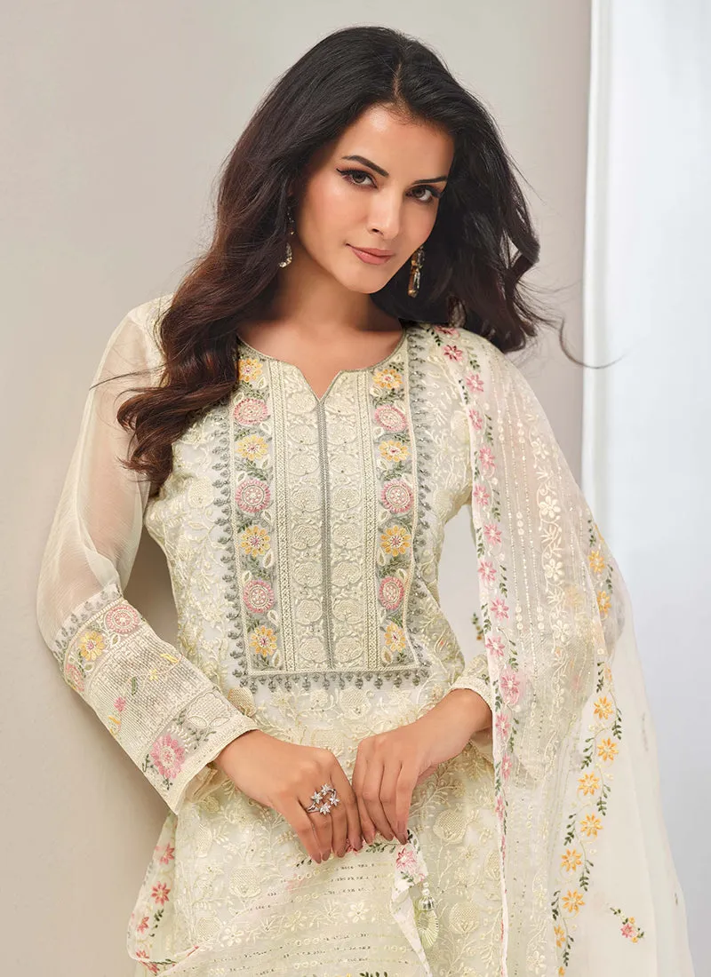 Off White Embroidery Pakistani Pant Style Suit