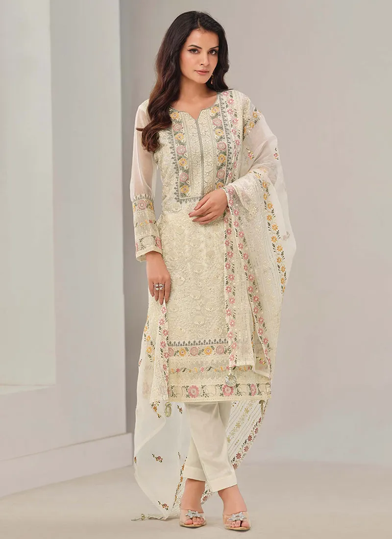 Off White Embroidery Pakistani Pant Style Suit