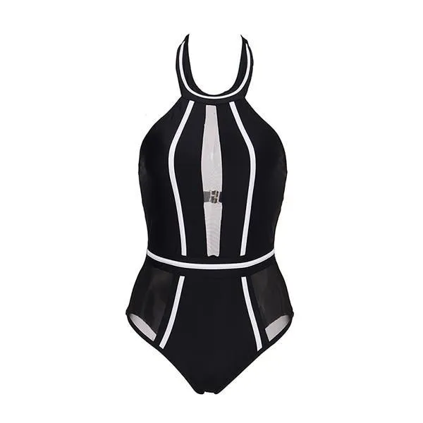 One-Piece Mesh Patchwork Swimsuit