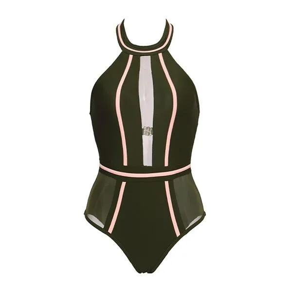 One-Piece Mesh Patchwork Swimsuit