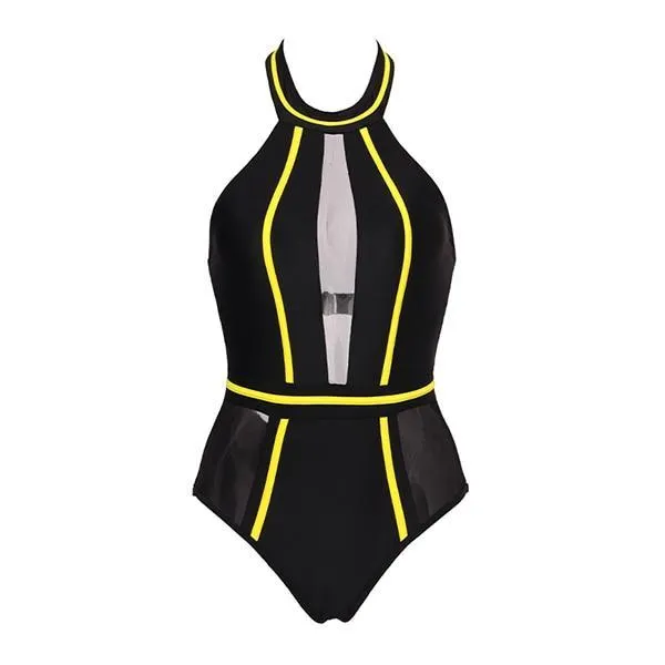 One-Piece Mesh Patchwork Swimsuit