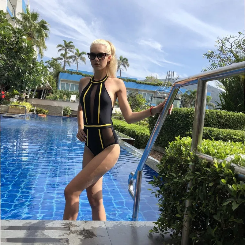 One-Piece Mesh Patchwork Swimsuit