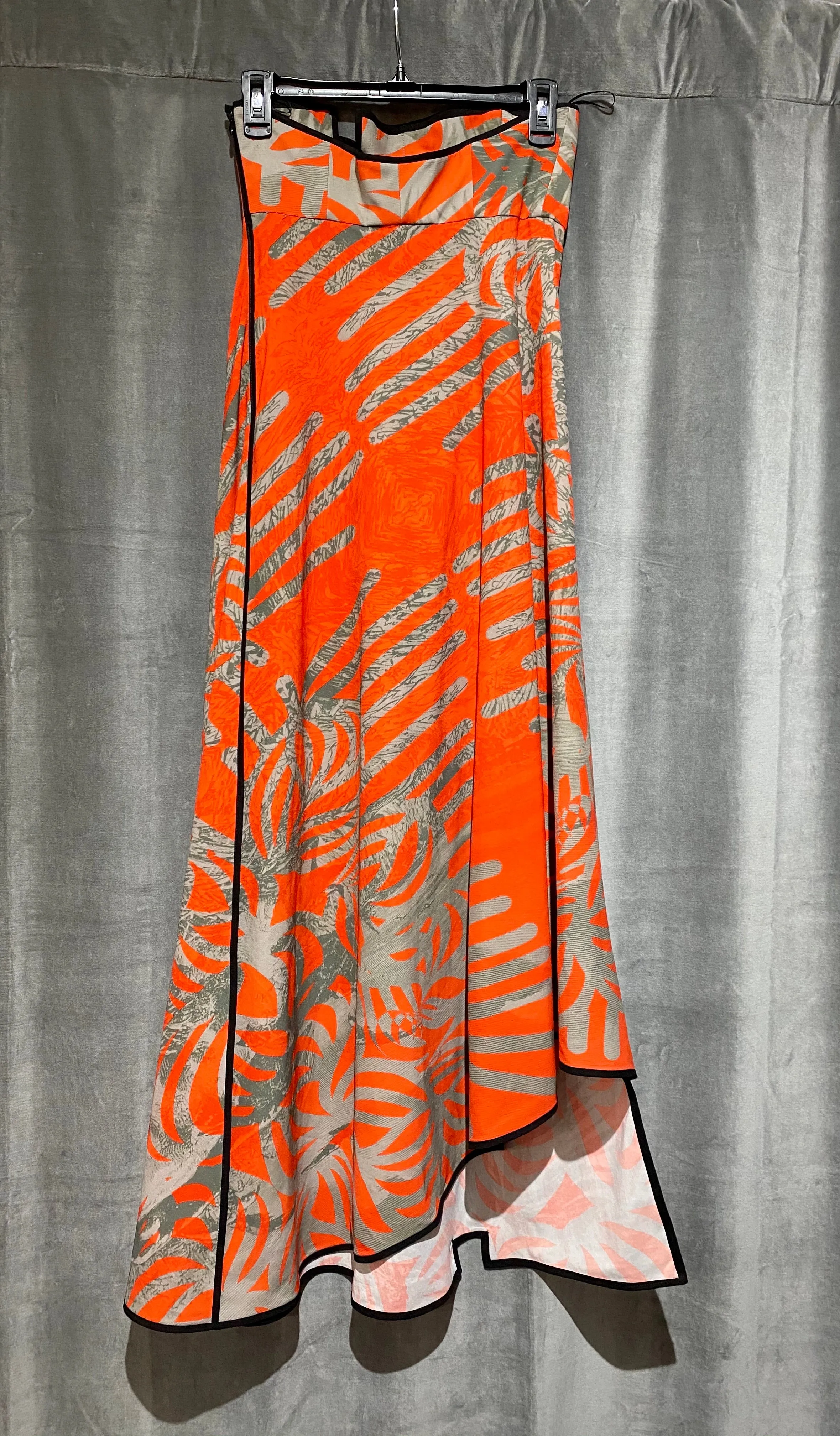Orange Strapless Grey Palm Print Dress