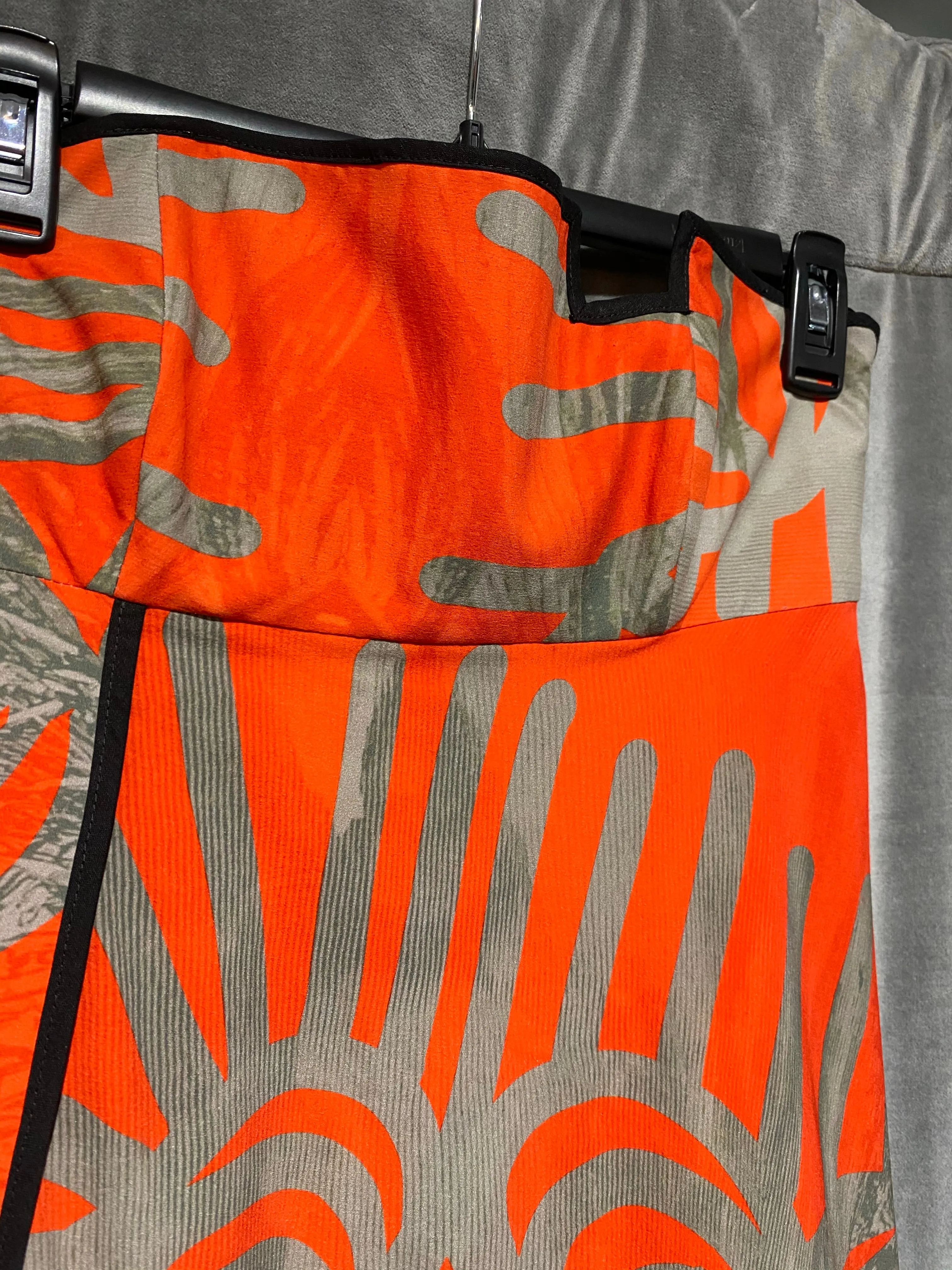 Orange Strapless Grey Palm Print Dress