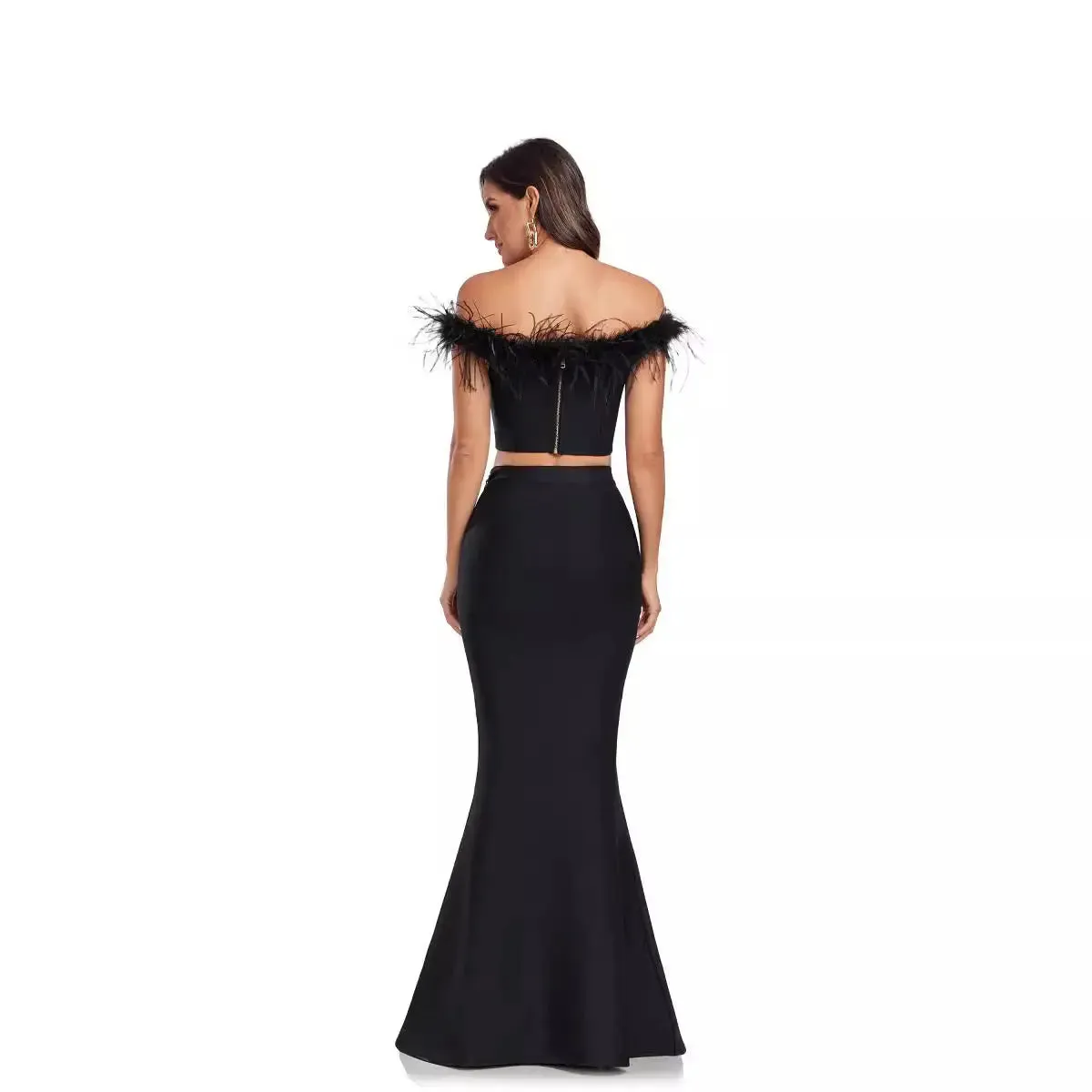 Ostrich Feather Off-Shoulder Fishtail Dress Set - Elegant Two-Piece Evening Wear
