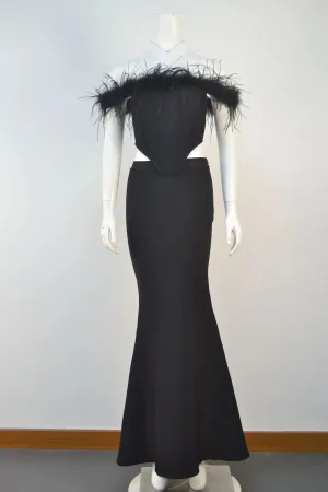 Ostrich Feather Off-Shoulder Fishtail Dress Set - Elegant Two-Piece Evening Wear