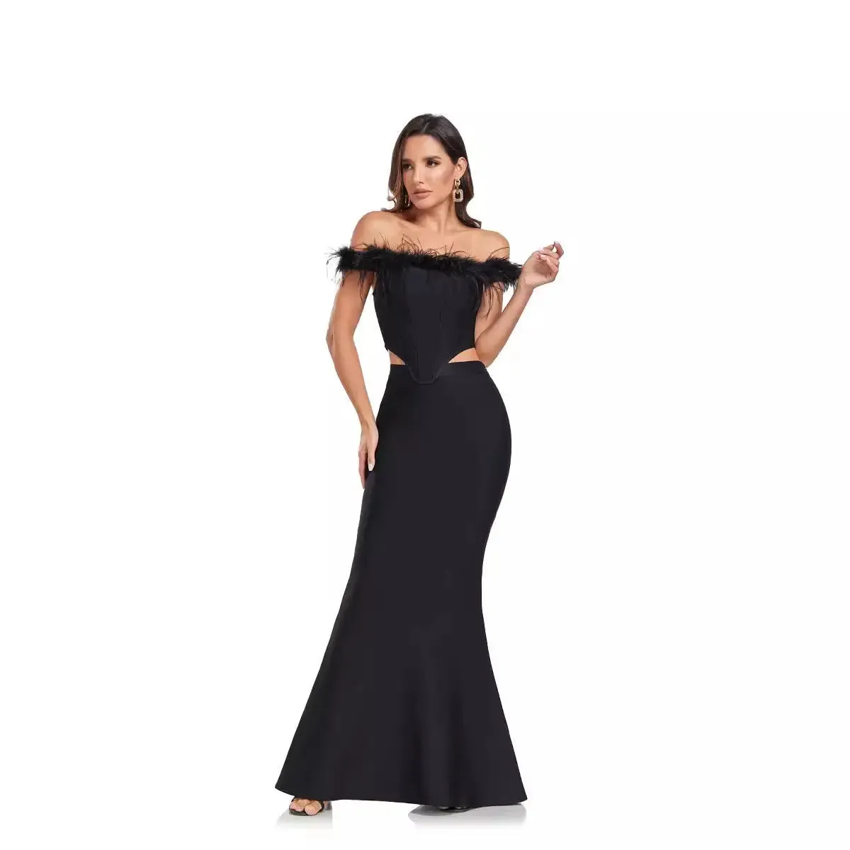Ostrich Feather Off-Shoulder Fishtail Dress Set - Elegant Two-Piece Evening Wear