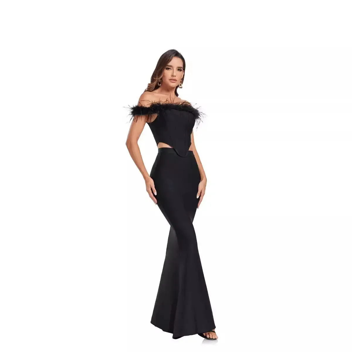 Ostrich Feather Off-Shoulder Fishtail Dress Set - Elegant Two-Piece Evening Wear