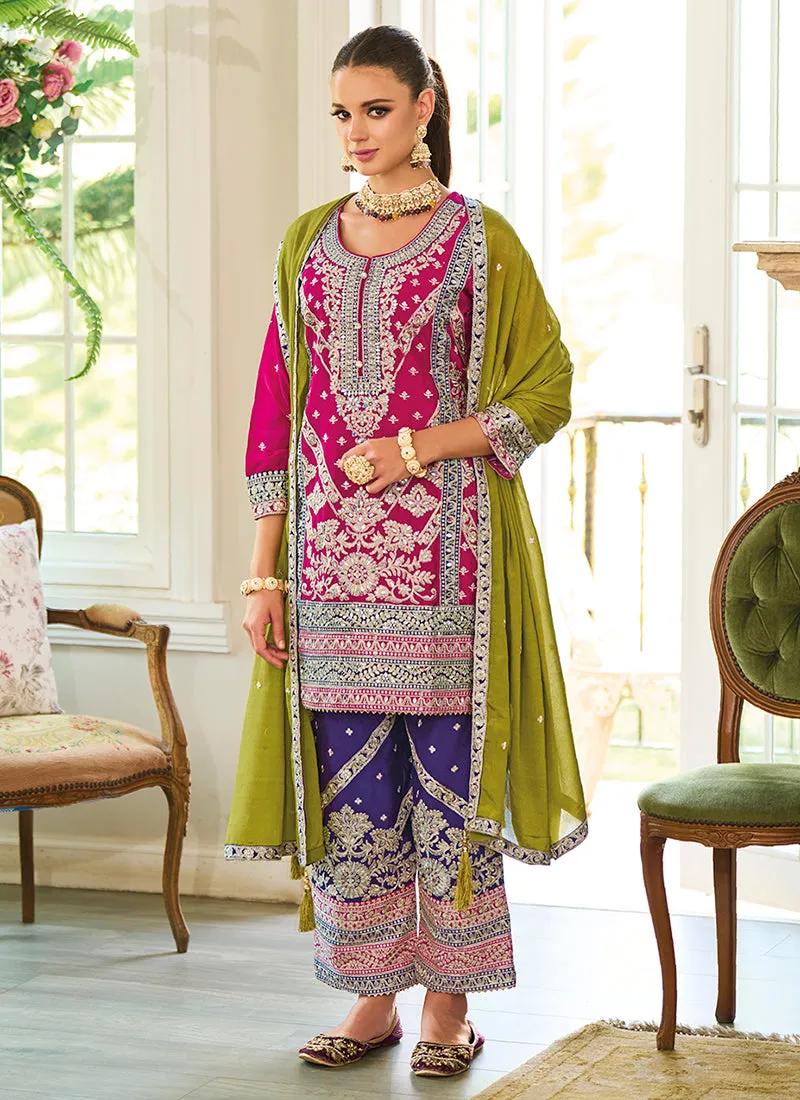 Pink And Purple Multicolored Embroidery Palazzo Style Suit