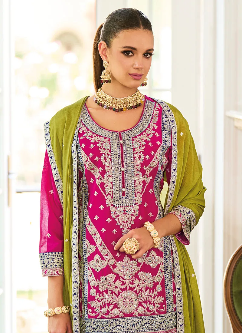Pink And Purple Multicolored Embroidery Palazzo Style Suit