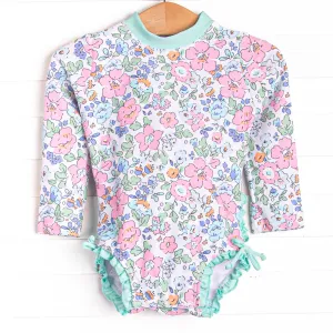 Pink Magnolia Long Sleeve One Piece Rash Guard, Blue