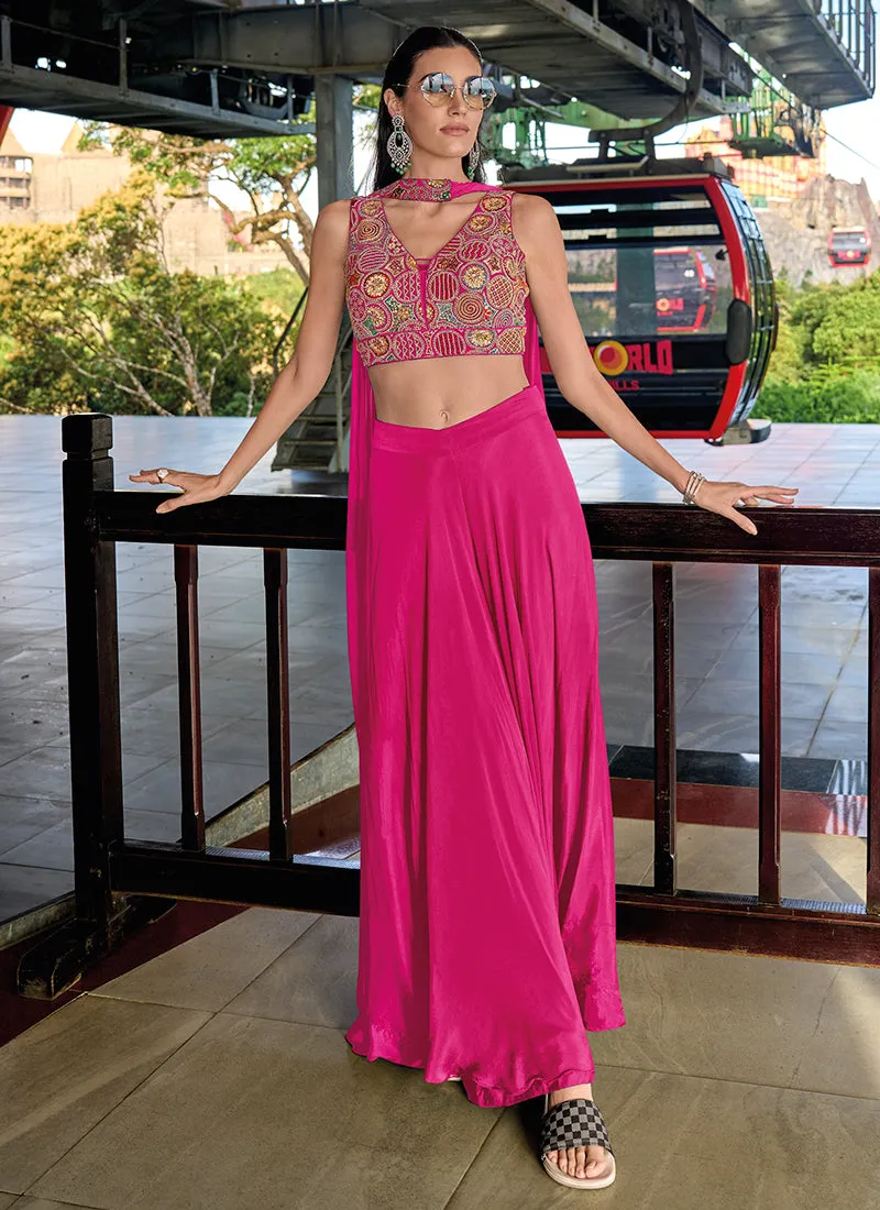 Pink Multi Embroidery Festive Palazzo Choli And Dupatta Set