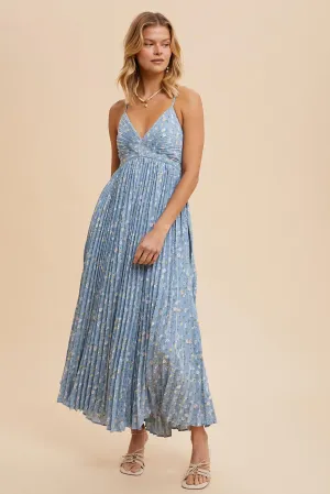 PLEATED FLORAL MAXI DRESS