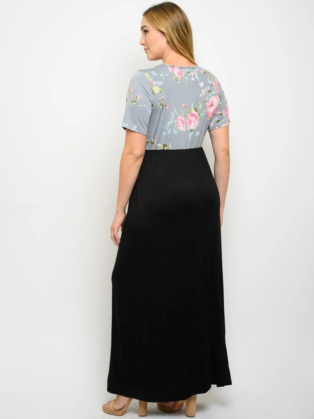 PLUS SIZE FLORAL CONTRAST WITH POCKETS MAXI DRESS