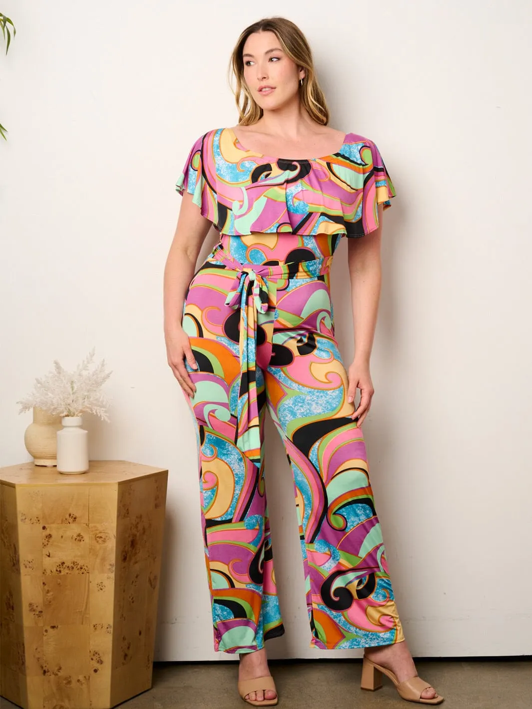 PLUS SIZE OFF SHOULDER RUFFLE SELF TIE MULTI PRINT WIDE LEG JUMPSUIT