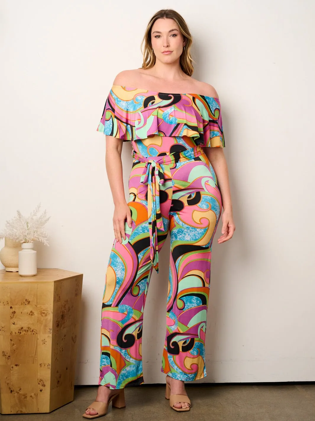 PLUS SIZE OFF SHOULDER RUFFLE SELF TIE MULTI PRINT WIDE LEG JUMPSUIT