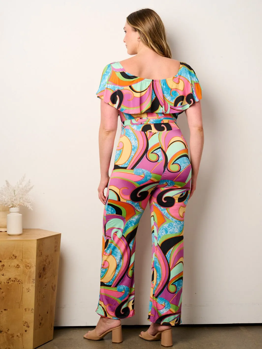 PLUS SIZE OFF SHOULDER RUFFLE SELF TIE MULTI PRINT WIDE LEG JUMPSUIT