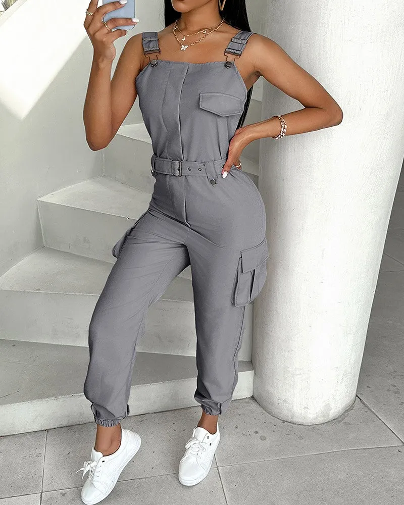 Pocket Buckle Design Cargo Suspender Jumpsuit