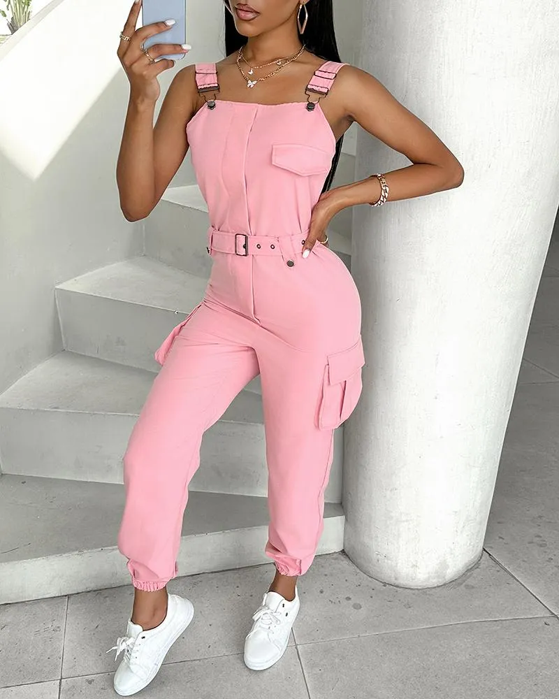 Pocket Buckle Design Cargo Suspender Jumpsuit