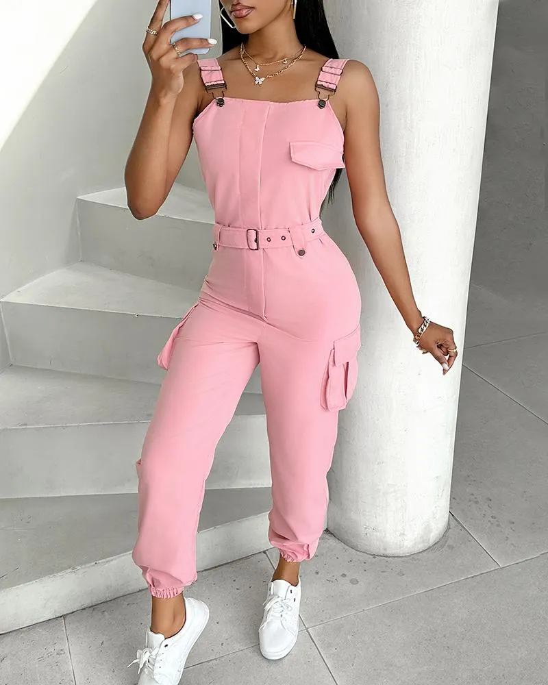 Pocket Buckle Design Cargo Suspender Jumpsuit