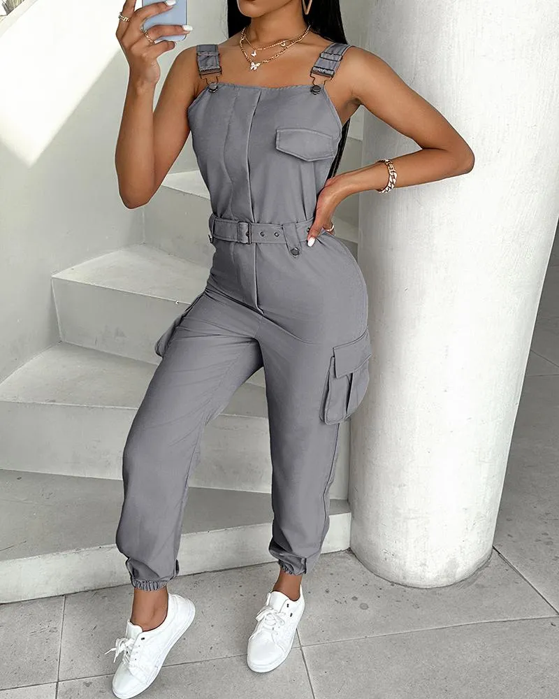 Pocket Buckle Design Cargo Suspender Jumpsuit