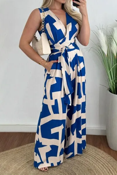 Printed Surplice Sleeveless Tie Waist Jumpsuit
