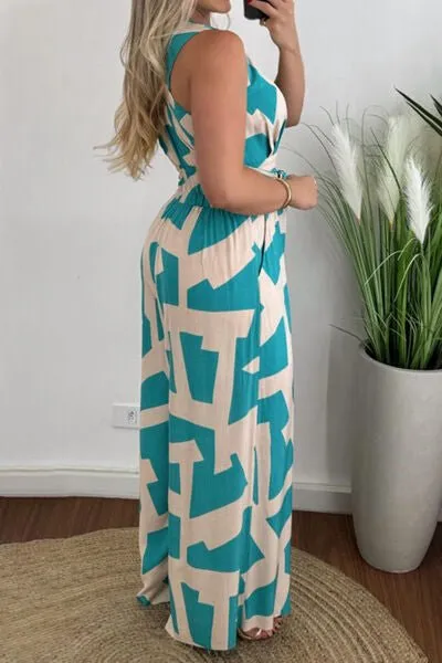 Printed Surplice Sleeveless Tie Waist Jumpsuit