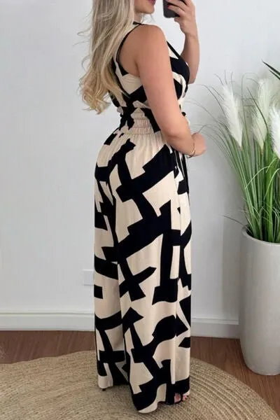 Printed Surplice Sleeveless Tie Waist Jumpsuit