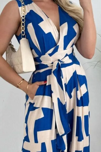 Printed Surplice Sleeveless Tie Waist Jumpsuit