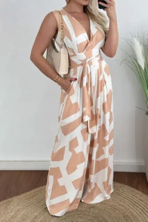Printed Surplice Sleeveless Tie Waist Jumpsuit