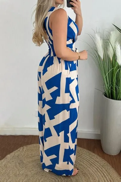 Printed Surplice Sleeveless Tie Waist Jumpsuit