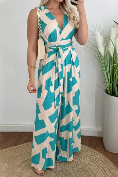 Printed Surplice Sleeveless Tie Waist Jumpsuit