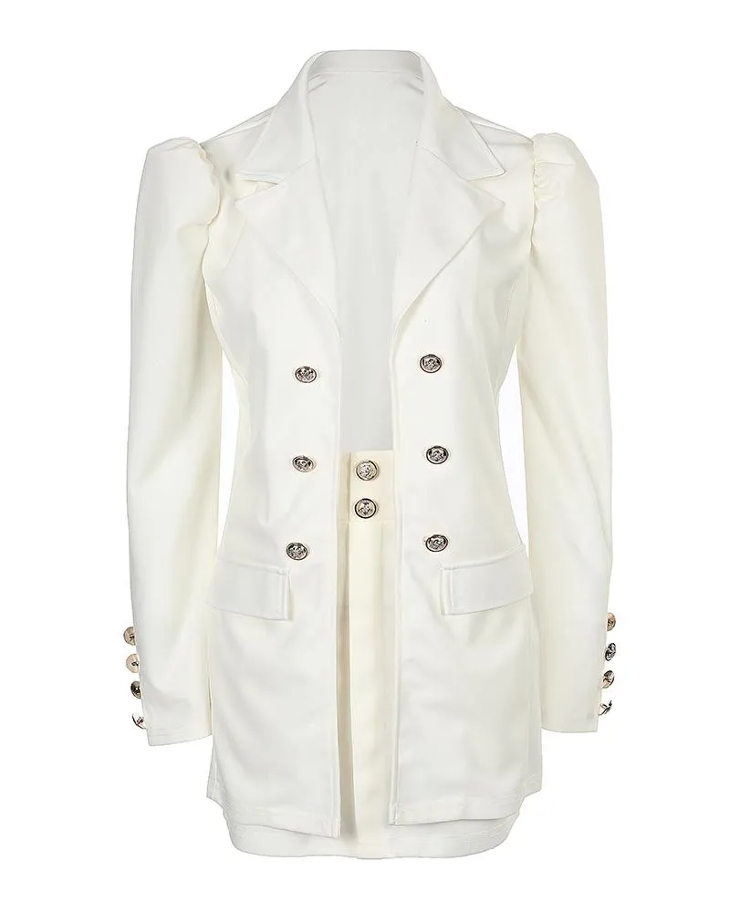 Puff Sleeve Buttoned Blazer Coat & Pocket Design Skirt Set