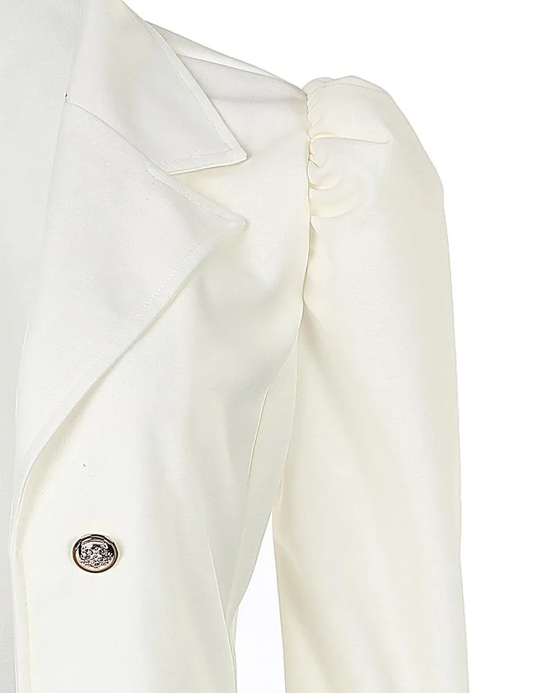 Puff Sleeve Buttoned Blazer Coat & Pocket Design Skirt Set