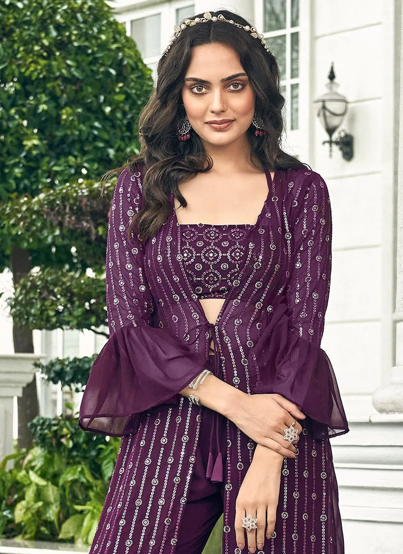 Purple Sequence Embroidery Jacket Style Palazzo Suit