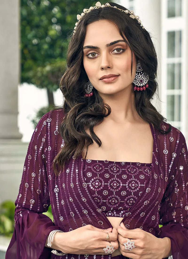 Purple Sequence Embroidery Jacket Style Palazzo Suit