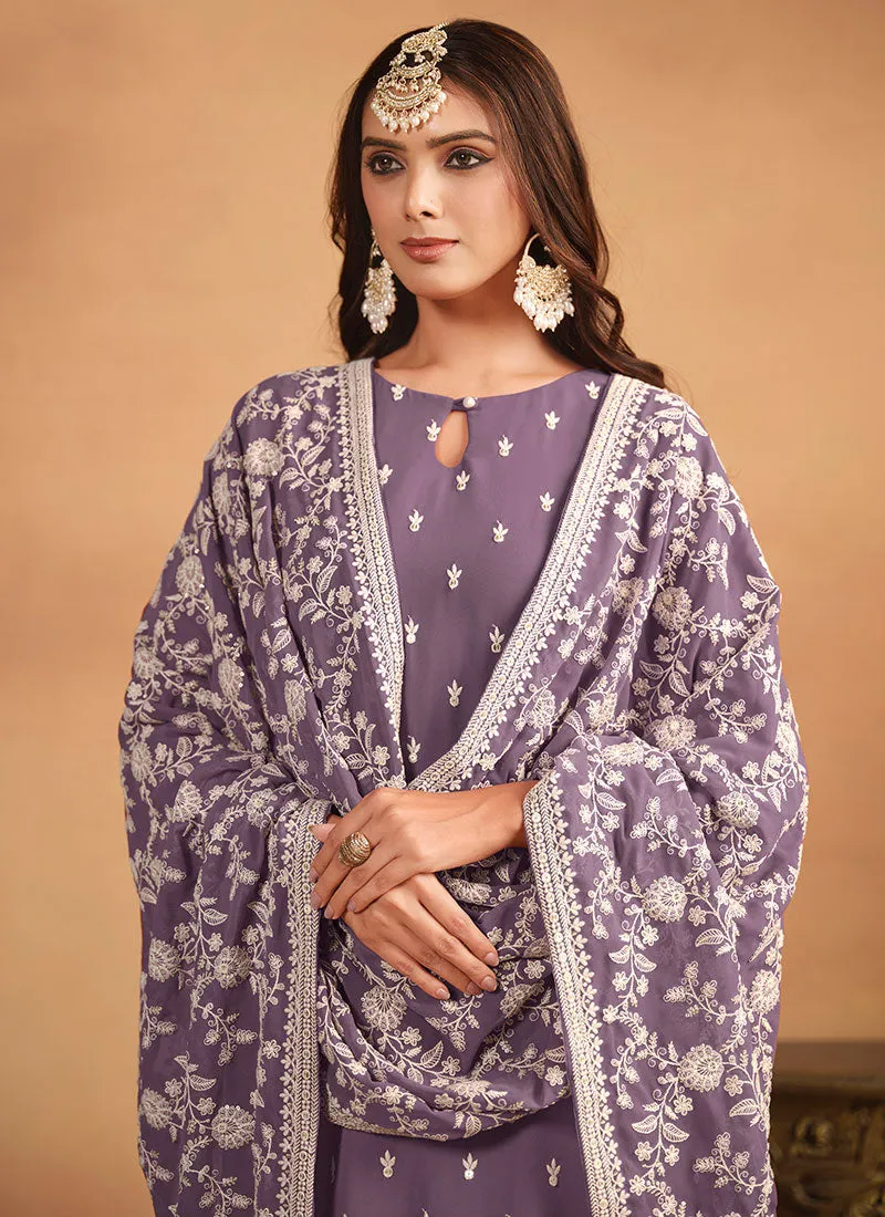 Purple Thread And Sequence Embroidery Pant Style Salwar Suit