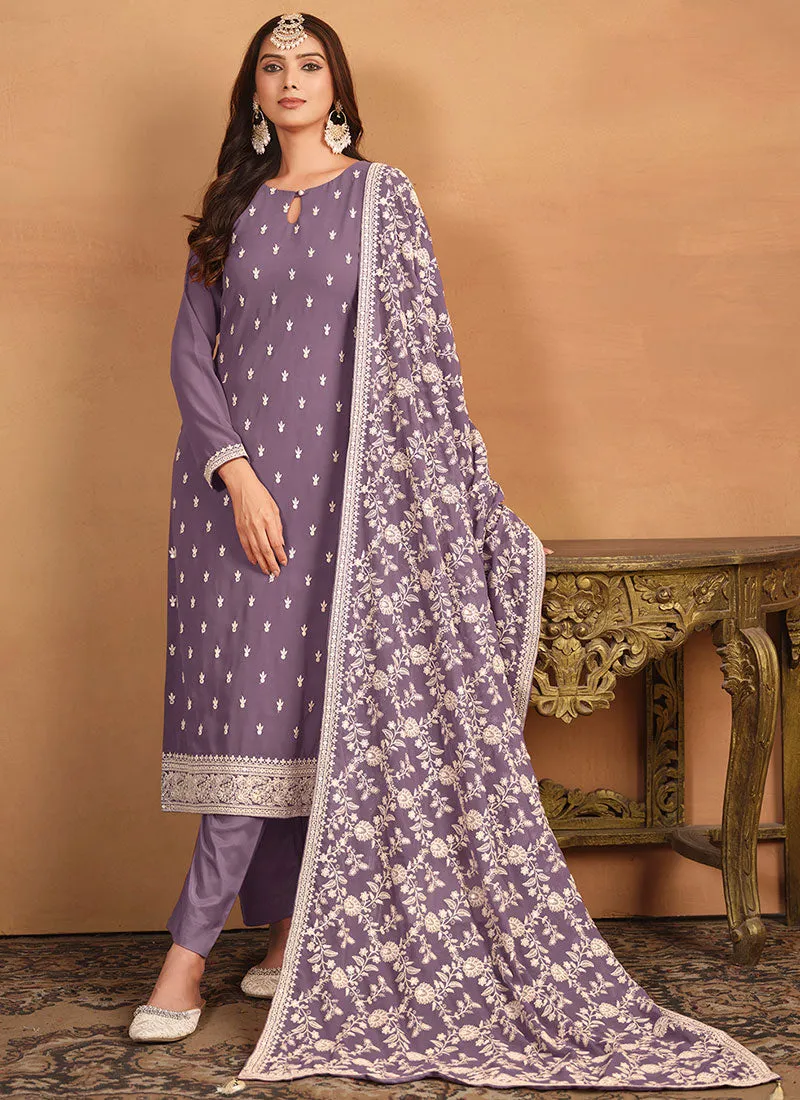 Purple Thread And Sequence Embroidery Pant Style Salwar Suit