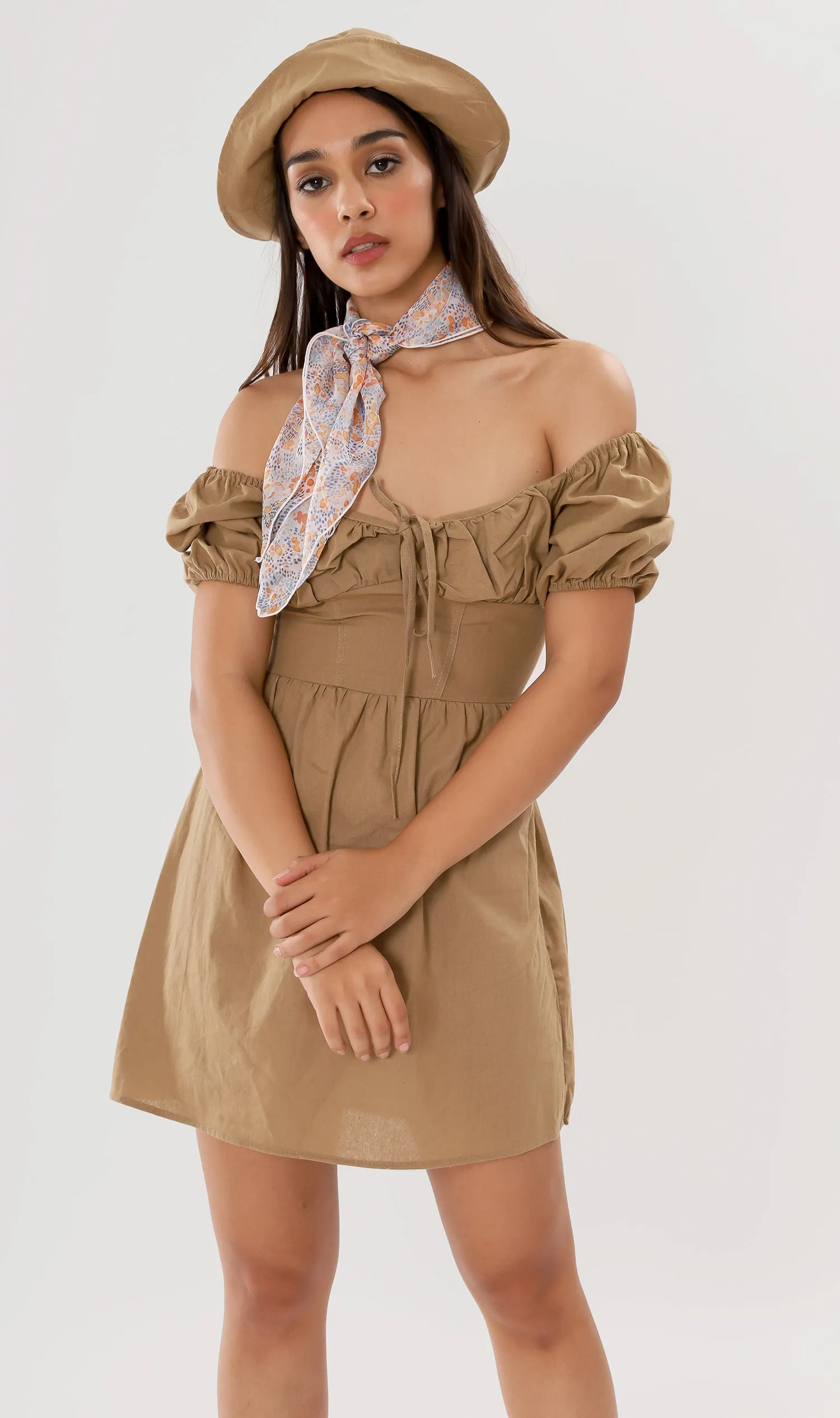 QUINCY Ruched Puff-Sleeve Dress w/ Hat (Mocha Brown)