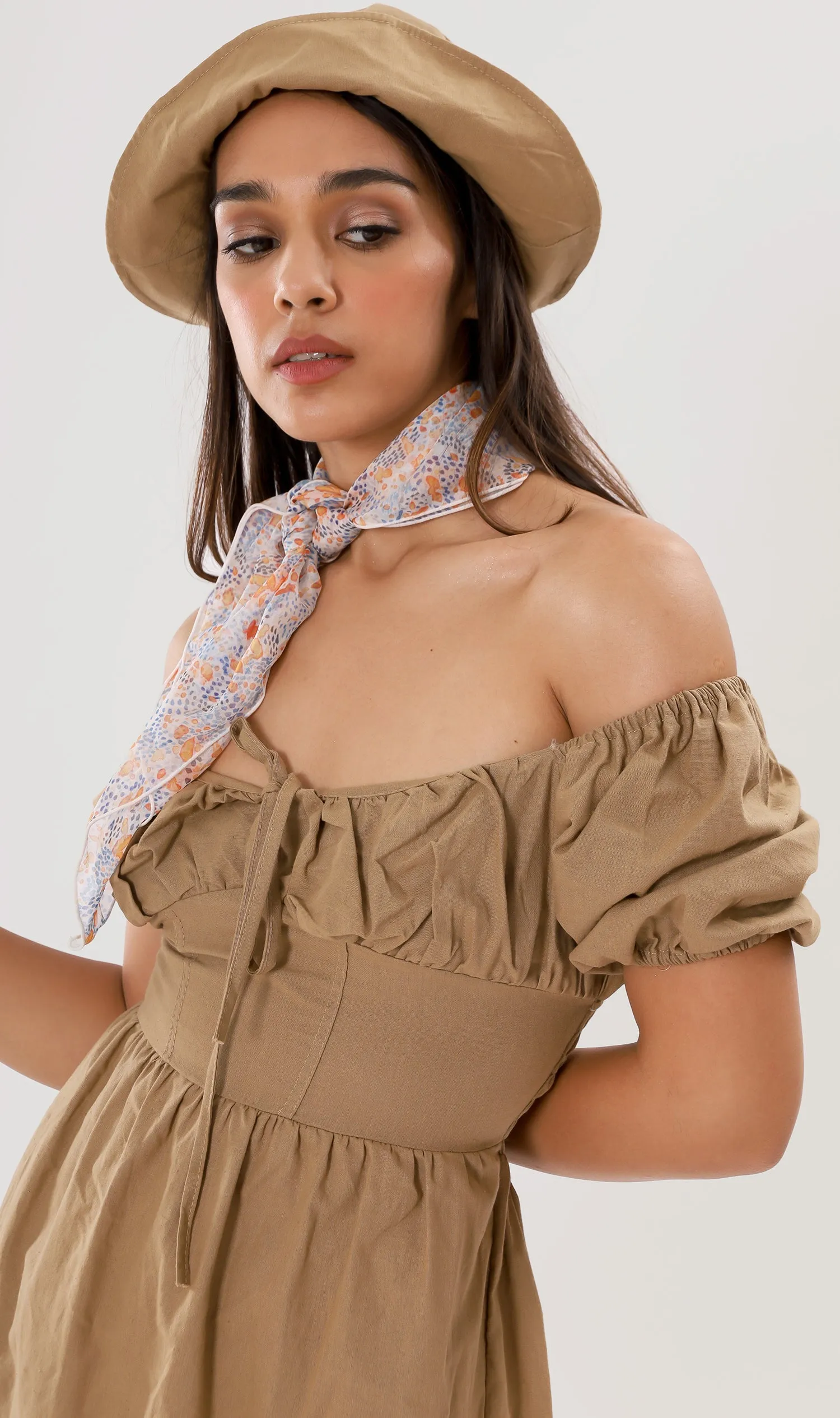 QUINCY Ruched Puff-Sleeve Dress w/ Hat (Mocha Brown)