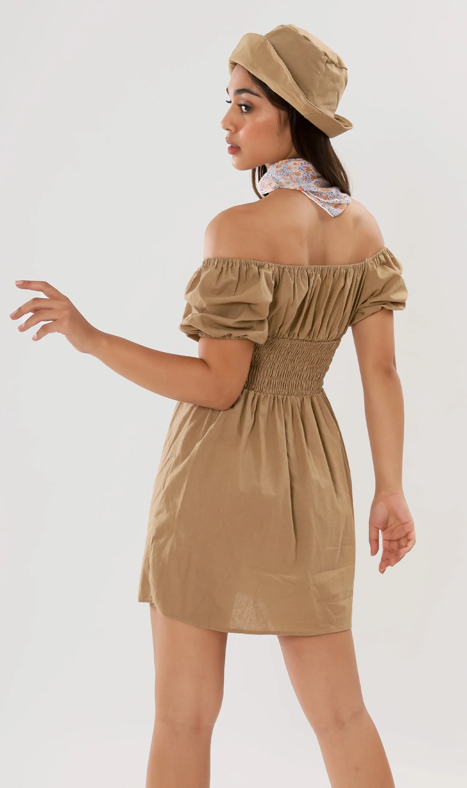 QUINCY Ruched Puff-Sleeve Dress w/ Hat (Mocha Brown)