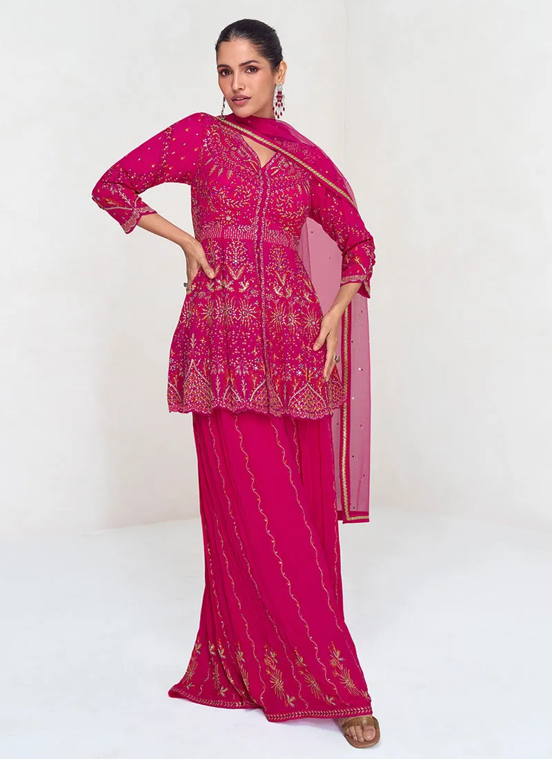 Rani Pink Embroidery Designer Peplum Style Palazzo Suit