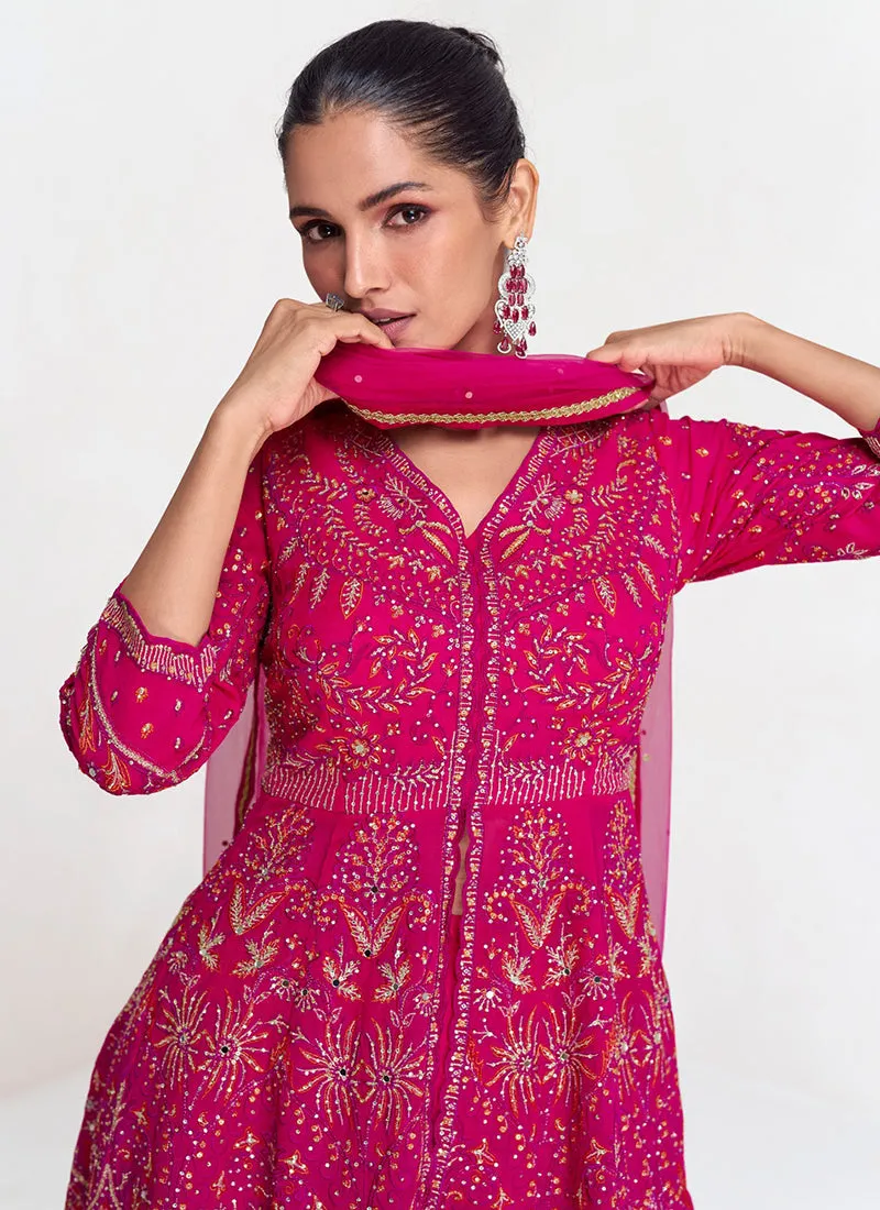 Rani Pink Embroidery Designer Peplum Style Palazzo Suit